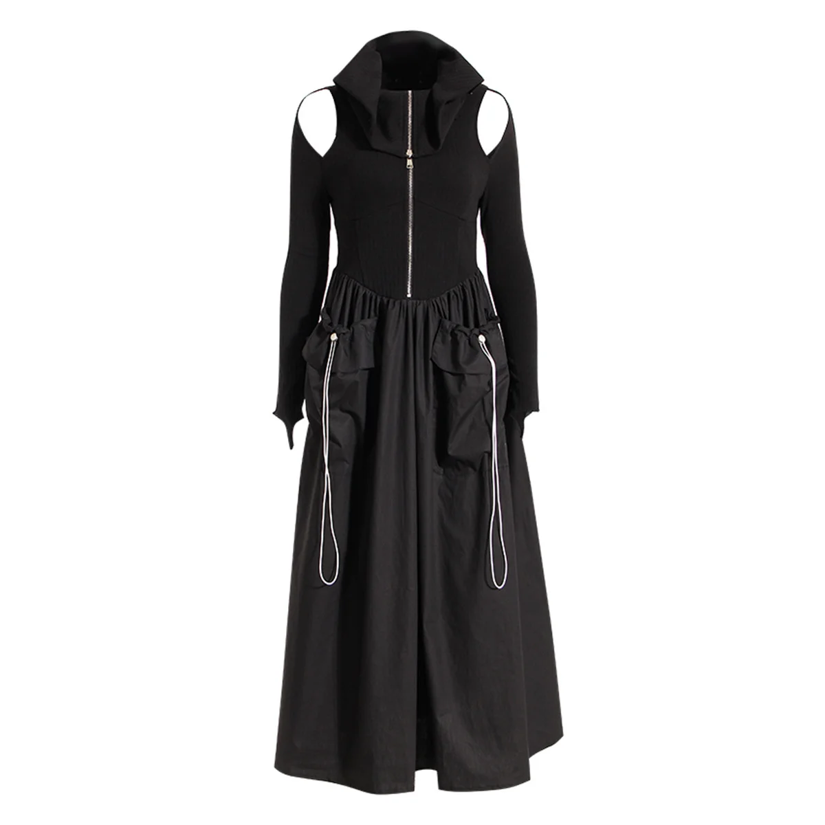 

Black Cargo Dress Spring 2023 New High Waist Friar Collar Pleated Pocket Design Knit Splice Lace Up Long Dress