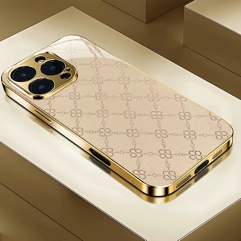 Фото Роскошный чехол для iPhone 17 с золотой рамкой и принтом клевера, модный стеклянный чехол для iPhone 17, 16, 15, 14, 13, Pro, Plus №3