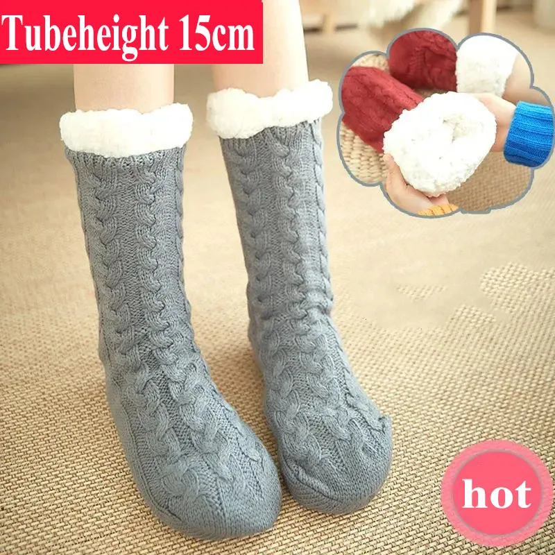 Lucyever Winter Plush Thermal Socks Women Solid Thick Soft Home Sleep Floor Socks Girl Knitted Fleece Non-Slip Bedroom Shoes