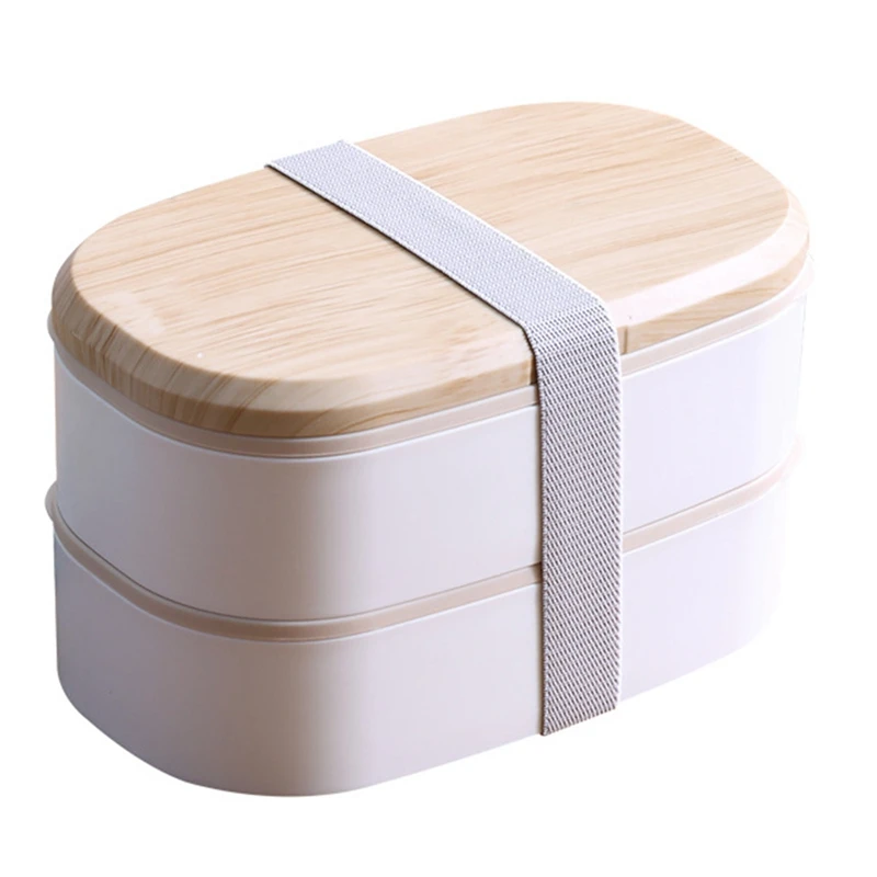 

Japanese-Style Double-Layer Strapped Bento Box Wood Grain Lunch Box Large Capacity with Tableware Can Be Microwaved
