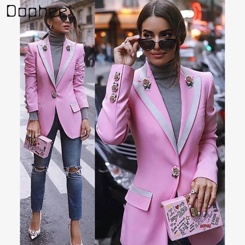 Three-Dimensional Rose Buckle Printed Lining Pink Balzer Jackets for Women 2022 Fall New Long Sleeve Slim-Fit Suit Coat Female