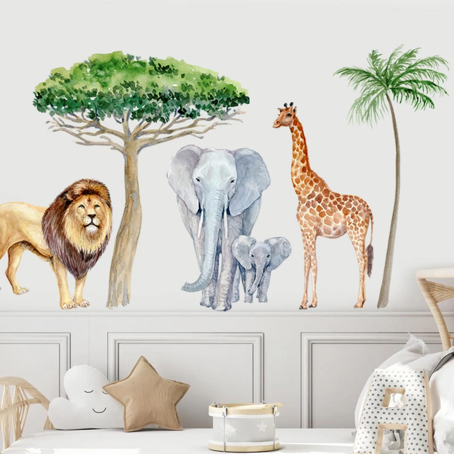 

Large Africa Wild Lion Giraffe Tree Watercolor Wall Sticker Vinyl Removable Wall Decal Nursery Kids Room Playroom Home Decor