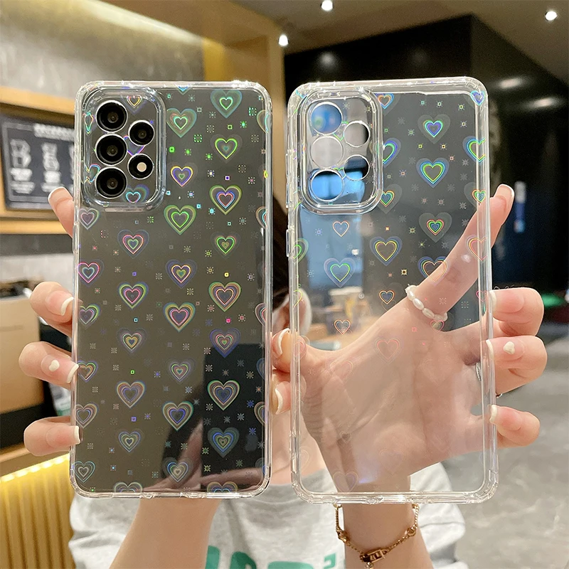 

Laser Lover Heart Transparent Luxury For Samsung Galaxy A73 A53 A33 A13 A51 A71 A52 A72 A32 A12 Coque Cute Back Cover Funda