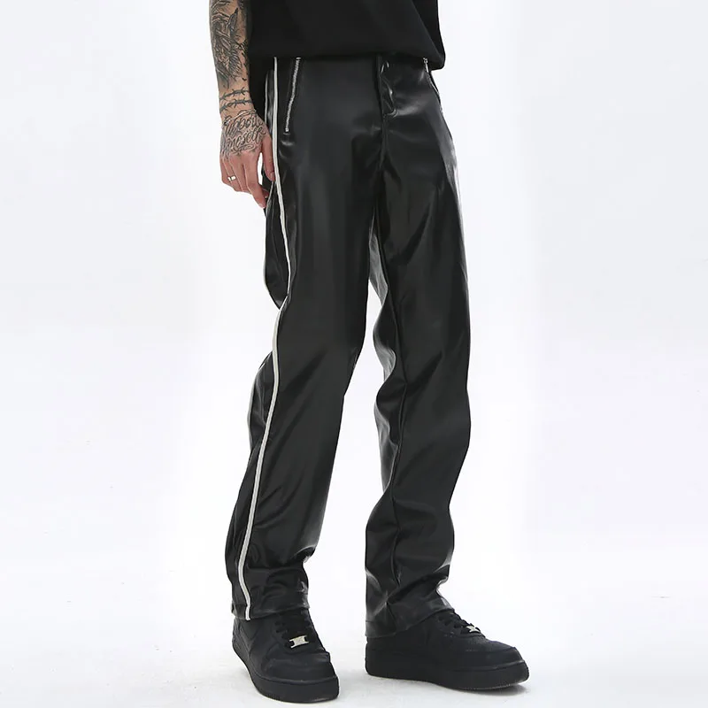 

Брюки мужские в стиле Харадзюку, прямые свободные повседневные штаны в стиле ретро, пэчворк, с полосками по бокам, из искусственной кожи, большие размеры