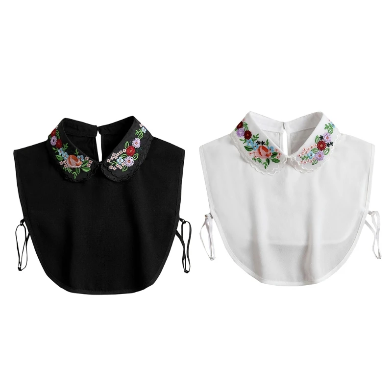 

Ethnic Style Multicolor Floral Embroidery Fake Collar Detachable Dickey Blouse for Women Girls Double Layer Lapel Chiffon Half