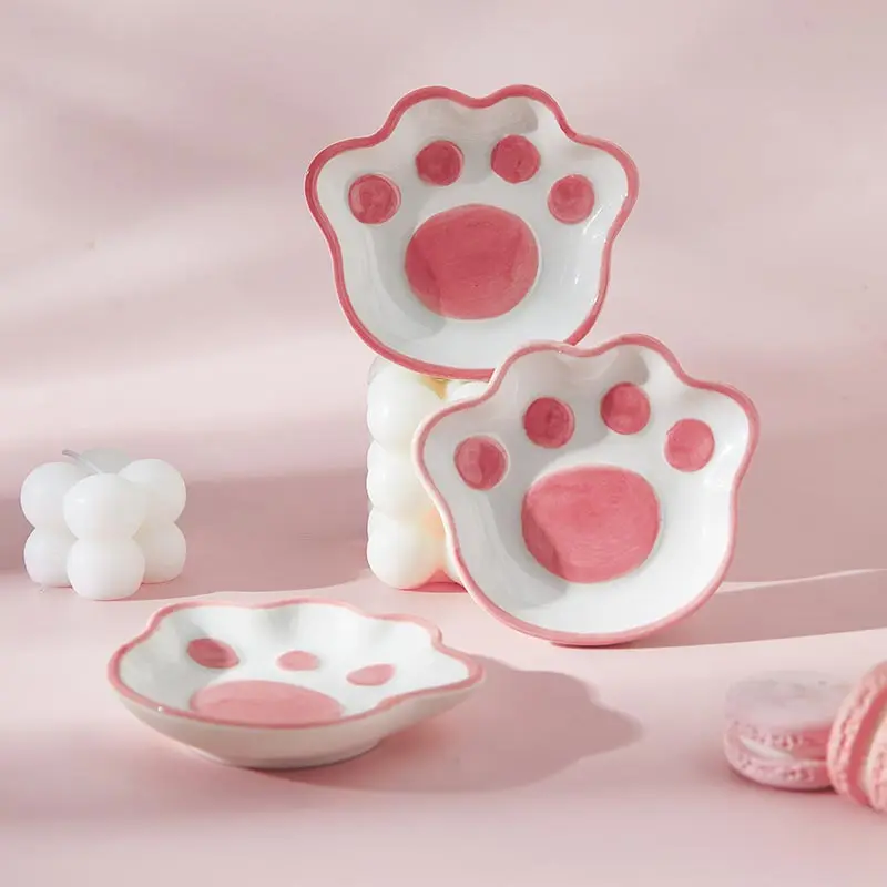 Japanese Cute Cat's Paw Taste Dish Ceramic Cartoon Dessert Plate Soy Fruit Sauce Dish Seasoning Bowl Household Dip Dishes