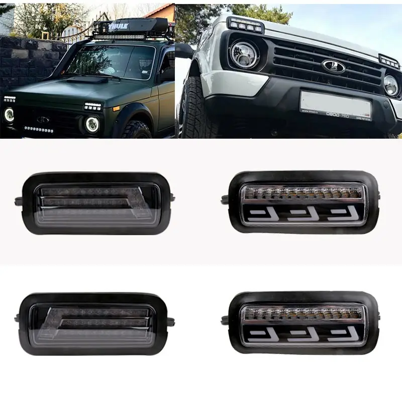 

Светодиодные дневные ходовые огни для Lada Niva 4X4 1995 с ходовым поворотным сигналом PMMA / ABS пластиковые функциональные аксессуары Тюнинг Автомобиля