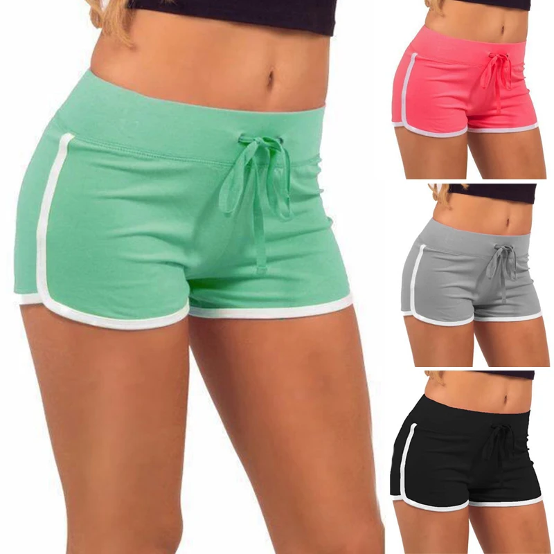 Женские спортивные шорты, летние эластичные обтягивающие шорты карамельных цветов, повседневные пляжные шорты с эластичным поясом