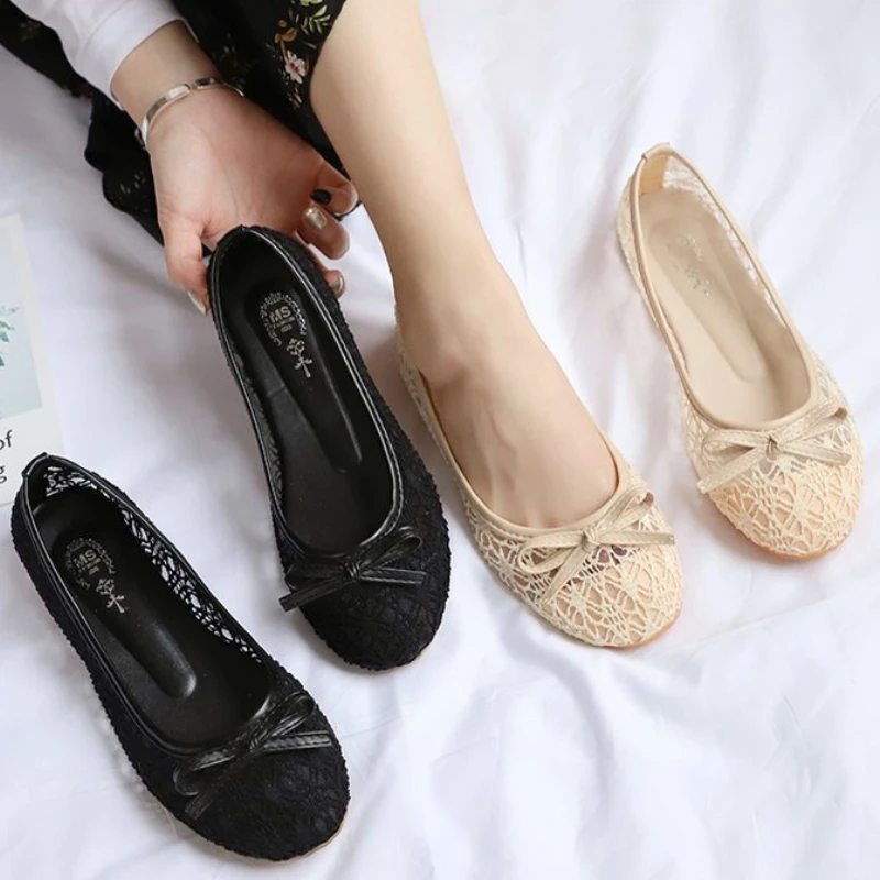 

Women Summer Flats Round Head Solid Color Bow Elegant Mom Shoes Breathable Fashion Lace Loafers Zapatos De Mujer Comodos
