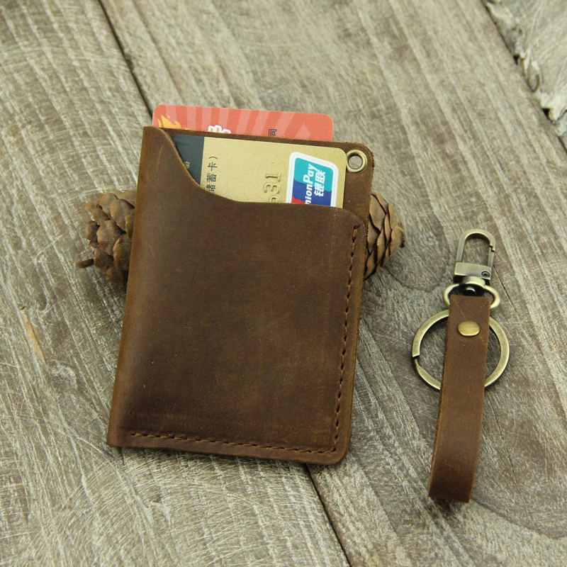 Portable Crazy Horse Leather ID Card Holder Metro Card Access Control Card Case Genuine Leather Key Rings With Card Bag