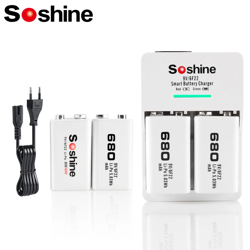 

Soshine 680mAh 9V 6F22 Rechargeable Battery and 2 Slots Smart EU US Batteries Charger Ni-MH Lithium LiFePO4 Batteries Charger