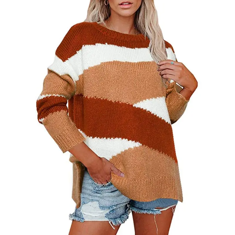 

Women Long Sleeve O-Neck Sweater Color Block Geometric Cross Striped Tunic Tops Side Split Casual Loose Pullover Jumpers