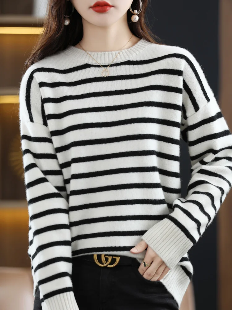 

Autumn/Winter New Wool Knitted Pullovers Striped O-neck Loose Basics Women Tops Korean Style Classic Quality Clothes