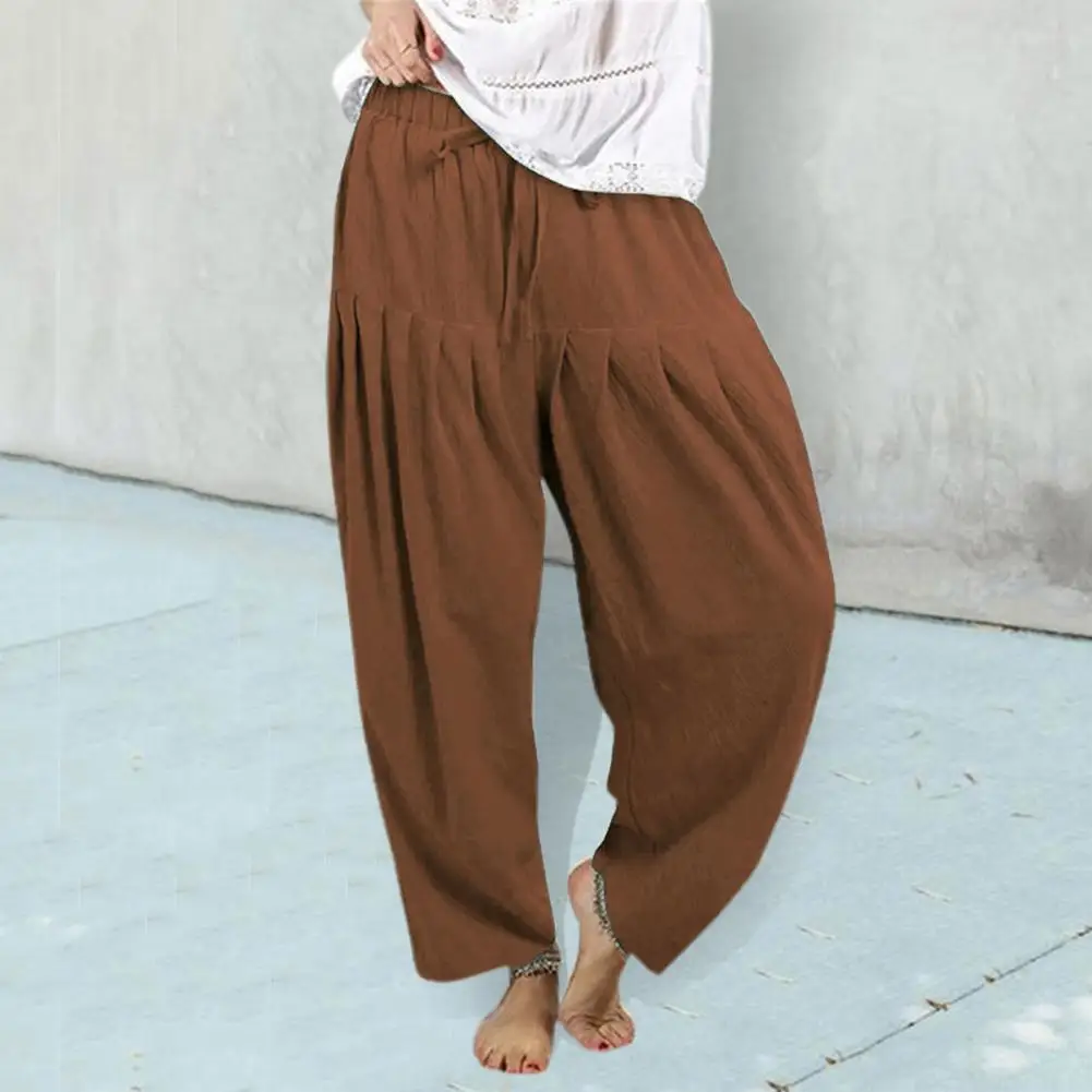 

Брюки женские хлопково-льняные на завязках, свободные штаны с широкими штанинами и высокой талией, однотонные Стрейчевые прямые брюки-стрейч с карманами в Корейском стиле