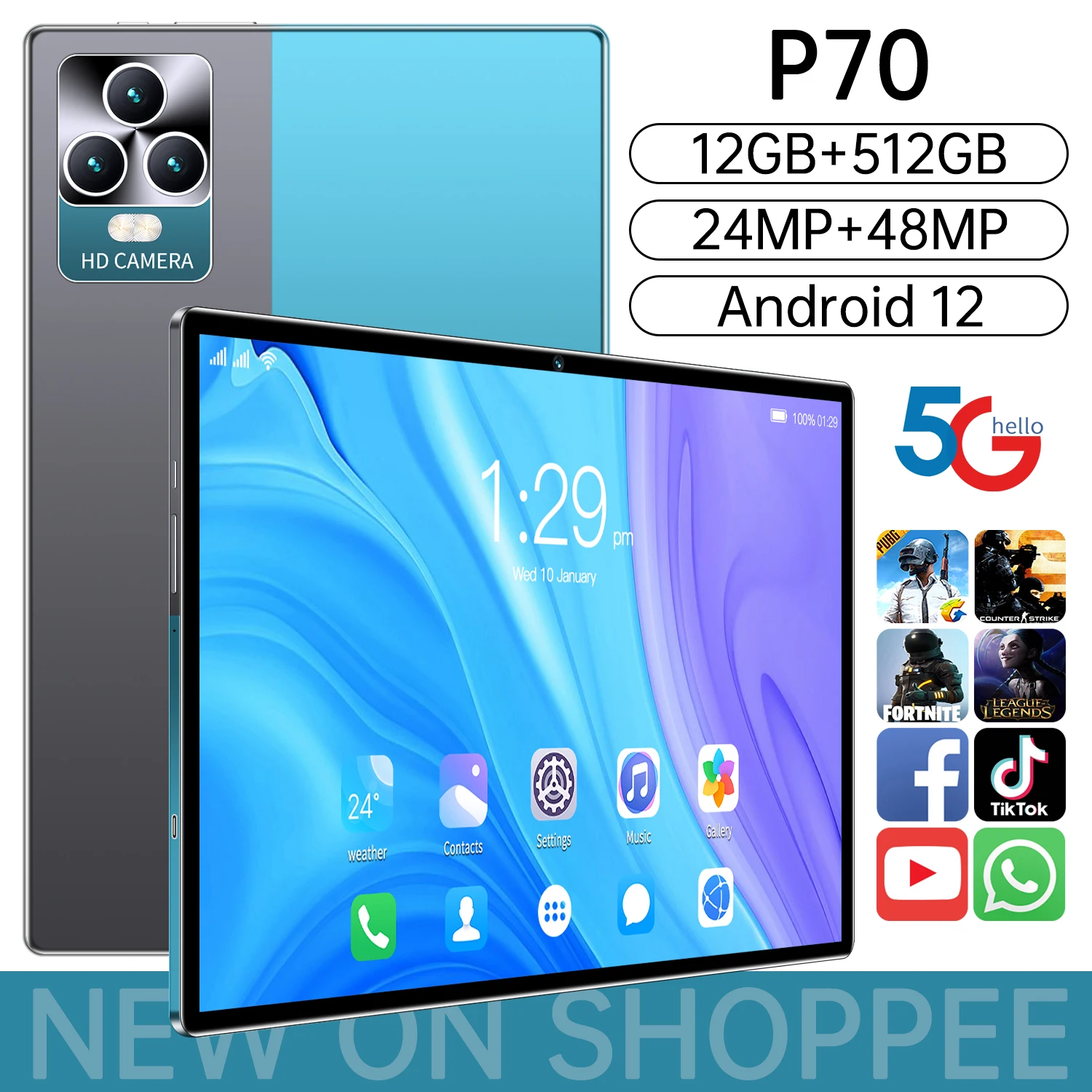 

10,1-дюймовый планшет Android 12 P70, 10,1 ГБ, Qualcomm 512, 870 мАч