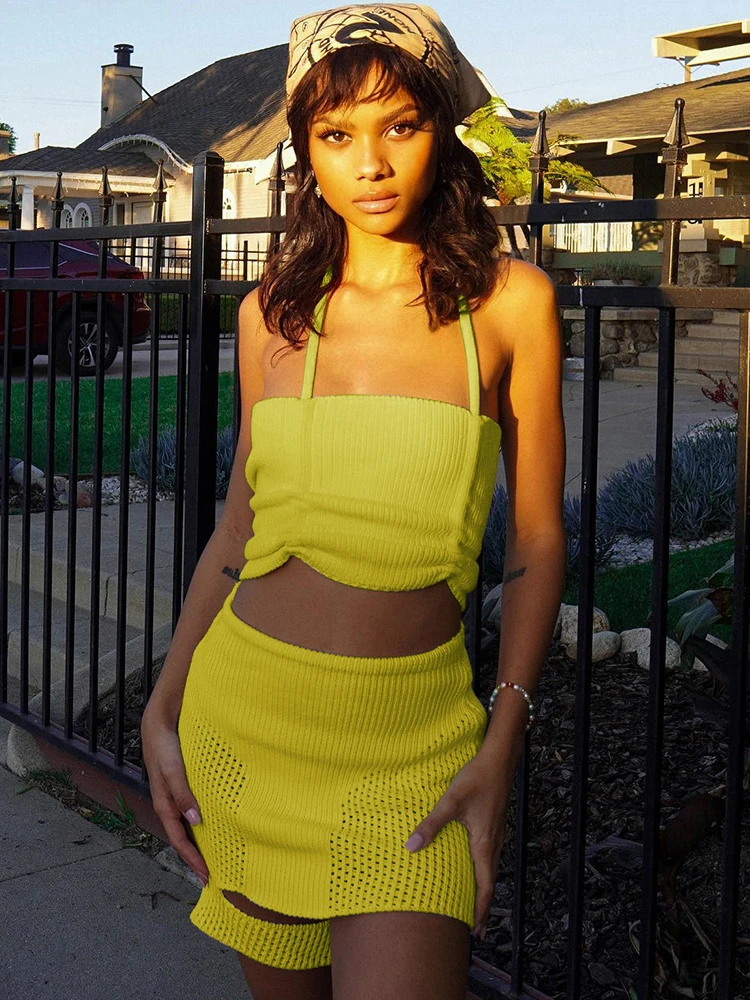 

JusaHy 2022 Women Highstreet Sweet Casual Solid Color Halter Neck Shirring Chest Wrapping Tops&Asymmetrical A-Line Knitted Skirt
