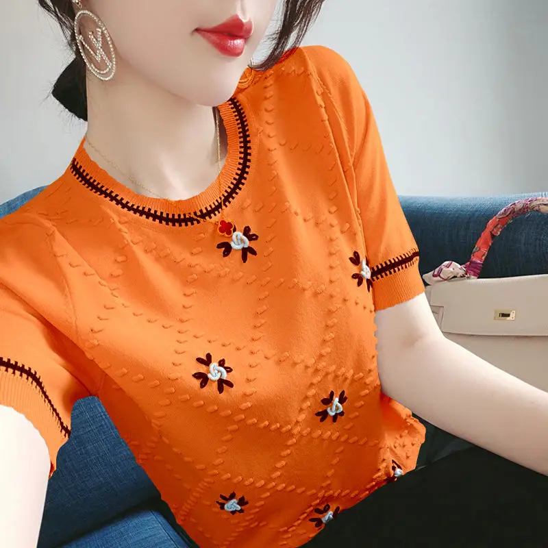 

Embroidered Ice Silk Knitted Short Sleeve Women's 2022 Summer New Loose Skinny Large Size Backing Shirt Student Korean Jacket