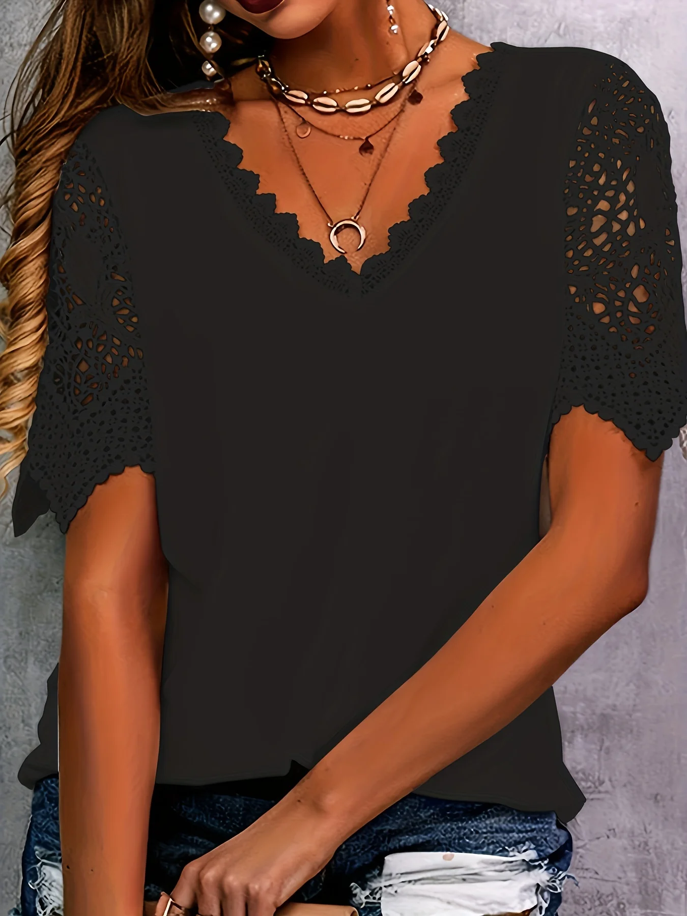 Plus Size Женская Летняя Однотонная Футболка 2024 Короткие Свободные Топы С V-образным