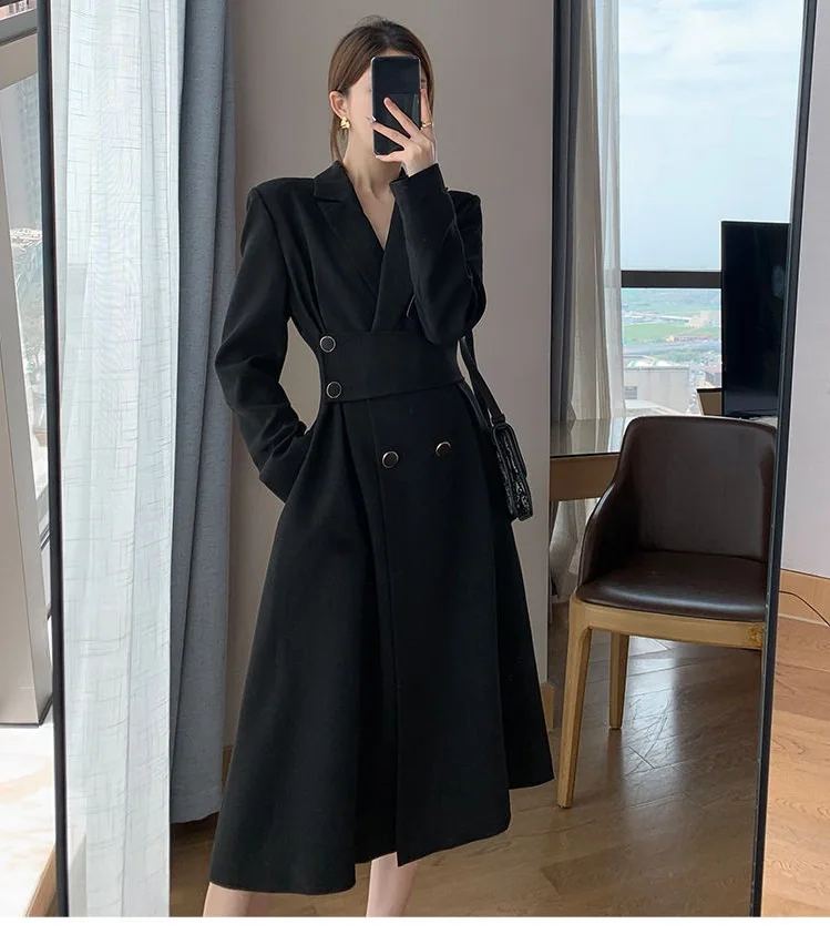 

Korean fashion 2022 luxury blazer dress Women button long sleeve notched collar tunic asymmetrical split black midi dress