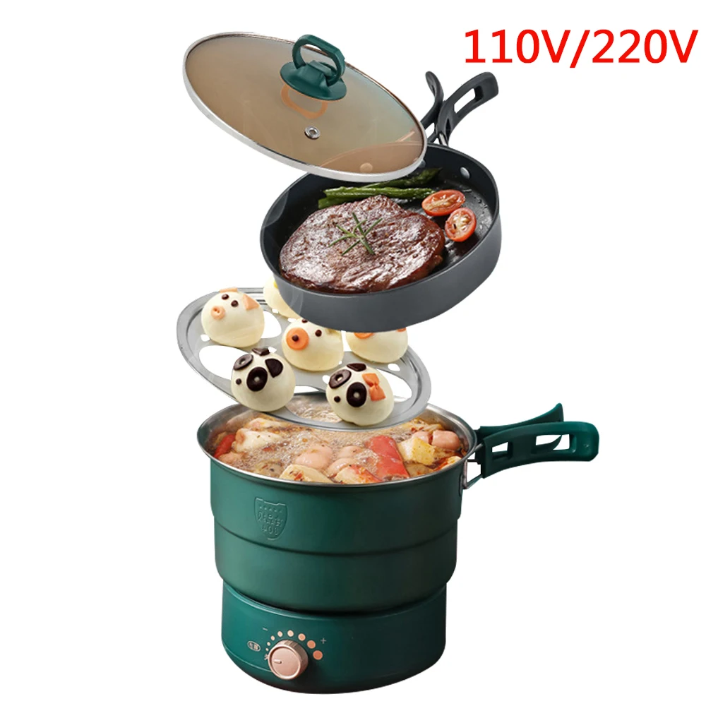 DMWD 110/220V Split Electric Cooking Pot Foldable Multicooker Frying Pan 1.6L Hot Pot Food Steamer Rice Cooker Soup Maker Travel