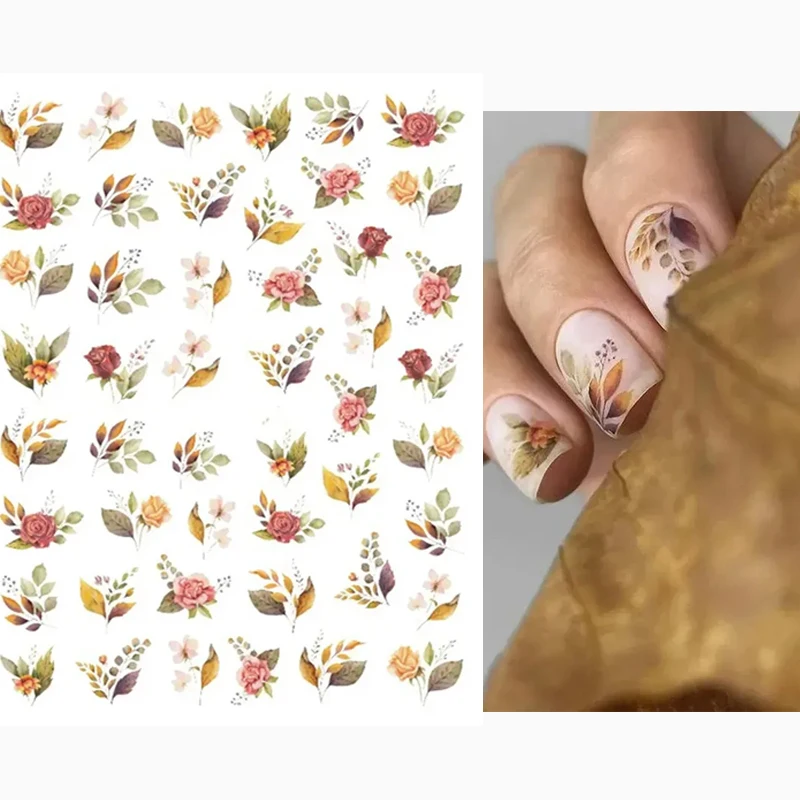 

3D Nail Stickers Back Glue Florals Leafs Retro Red Pink Yellow Roses Flowers Back Glue Nail Stickers For Nail Tips Beauty
