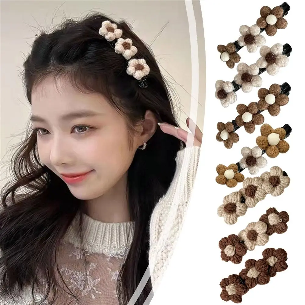 

2PCS Girls Hairpins Braided Flower Wool Thread Grab Clip Hair Clip Plush Clip Headwear Accessories Braid Styling Tool