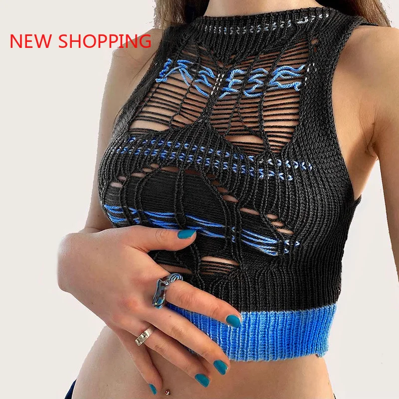 

Streetwear Gothic Sexy Knitted Tank Top Y2k Punk Hollow Out Top Women Harajuku Patchwork Summer Sleeveless Basic Crop Tops Goth