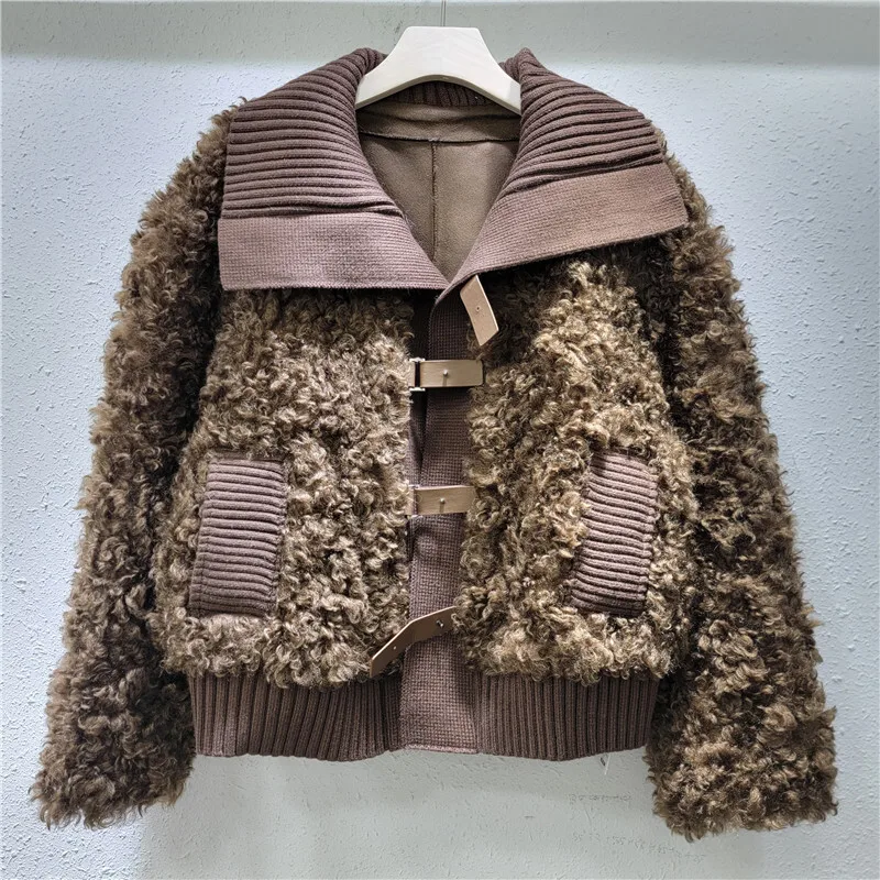 WTHT модное женское лоскутное шерстяное пальто из искусственного меха 2024 зимняя