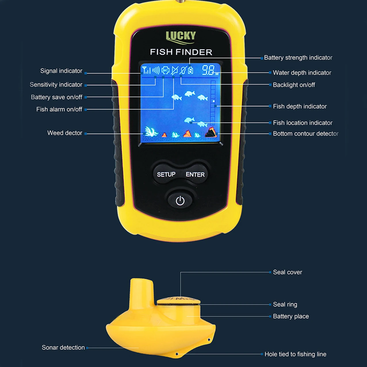 LUCKY Sonar FFCW1108-1 Fish Finder Wireless 120m Wireless Fishing Finder Alarm 40M/130FT Deeper Fishfinder For Shore Fishing