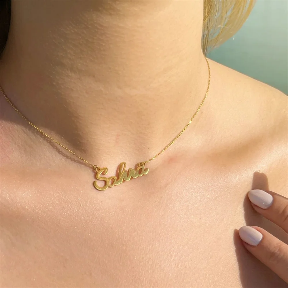 

Stainless Steel Necklace Personalize Handwritten Signature Nameplate Pendant Choker Women Custom Jewelry Engagement Gifts