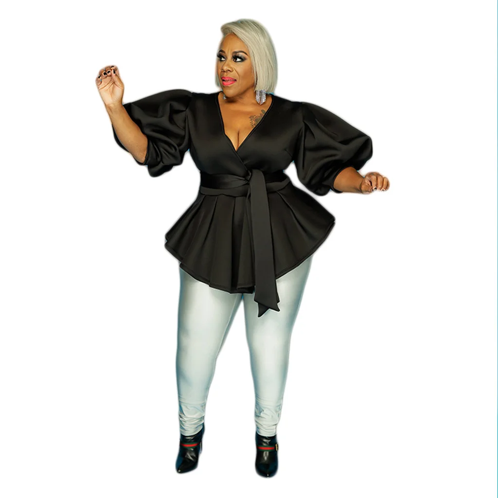 Plus Size Women's Blouse Sexy V-neck Lantern Sleeves Pleated Fashion Dress Elegant Casual Solid Color Large Size Women's Tops