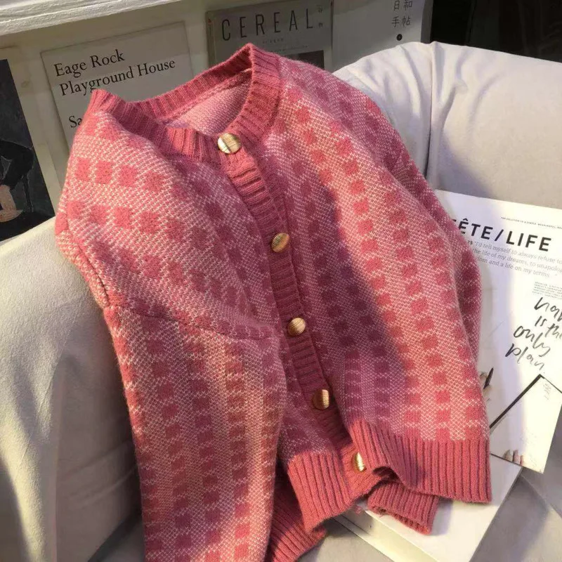 

Spring Autumn Women Sweater Outerwear Vintage Pink Plaid Long Sleeve Tops Female Fashion Korean Knitted Tops Sueters De Mujer