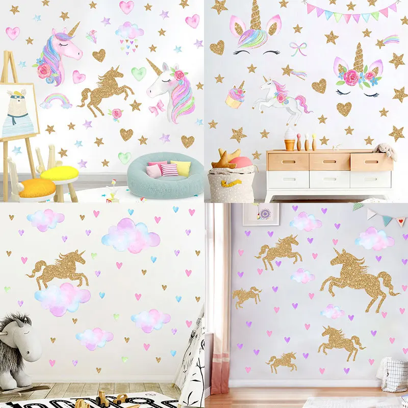 

Cute Cartoon Gold Unicorn Stars Wall Stickers Colorful Animals Horse Wall Decals For Kids Girls Room Poster Wallpaper Home Decor