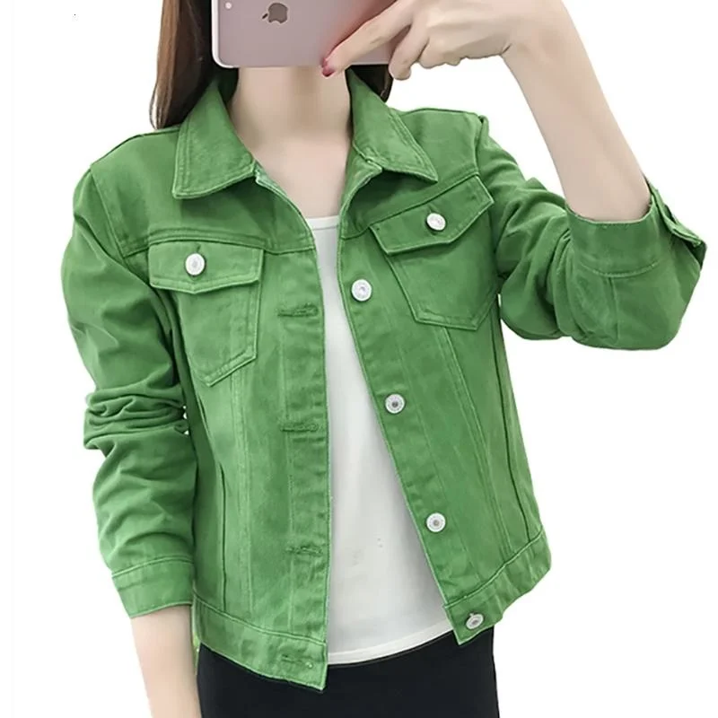 

Basic Jeans Jacket Women Green Autumn Woman Denim Jean Womens Coats Jackets Female Slim Stretch Short Coat Feminina Clothes