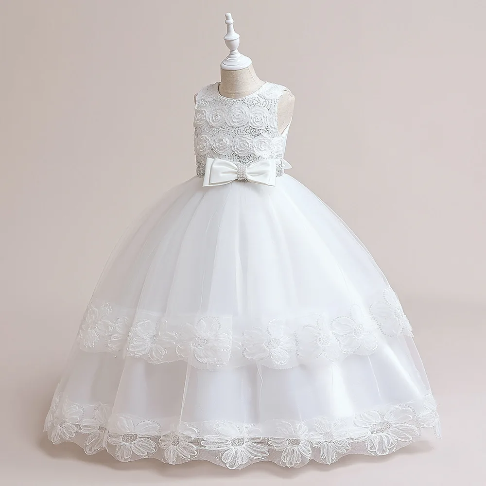 

White Handmade Flowers Sequins Flower Girl Dresses Long Birthday Party Pageant Dresses First Communion Dresses Kids PromGowns