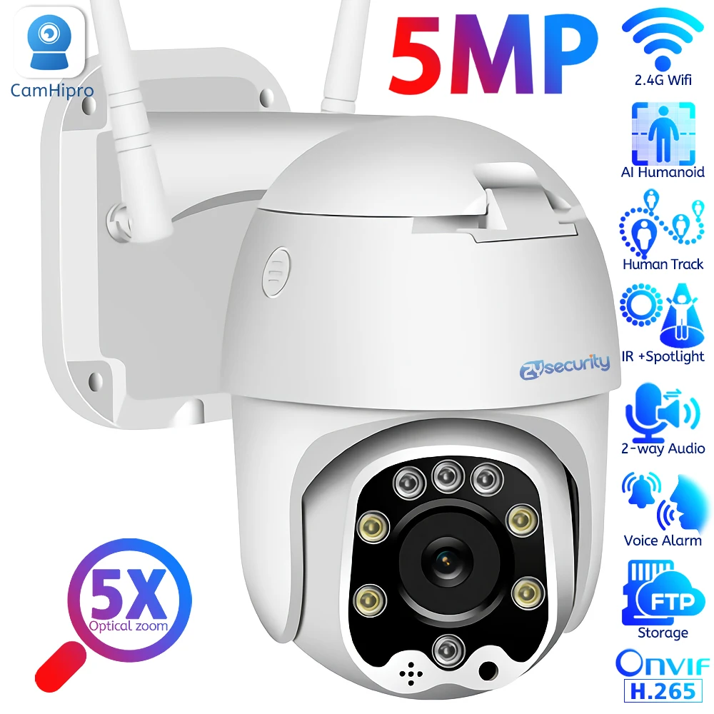 5MP WiFi Surveillance Camera Outdoor 5X Optical Zoom Color Night Vision Speed Dome Camera0 Humanoid Tracking Wireless PTZ Camera