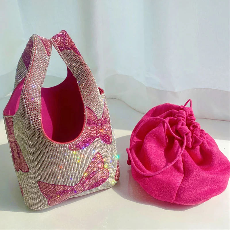 

Colored Diamond Female Handbags Fashion Women Bag Banquet Flash Shiny Diamond Bag Casual Bow-knot Bucket Bag 2022 New Handbags
