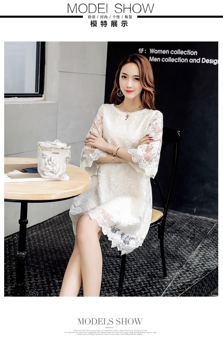 

Spring Korean A-line Lace Embroidery Ladies Base Dress White Hollow Mesh Round Neck Flared Sleeve Womens Loose Mini Dress BB43