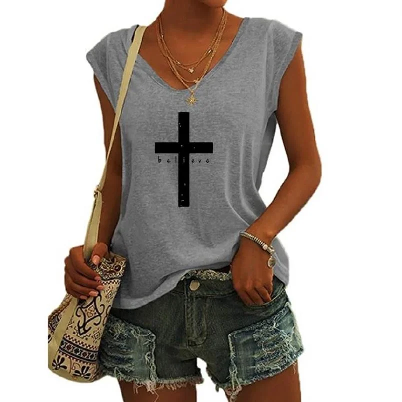 Believe Faith Women Casual Sexy Camisole Tanks Top V-neck Simple Loose Sleeveless T-shirts New Vest Ropa Mujer