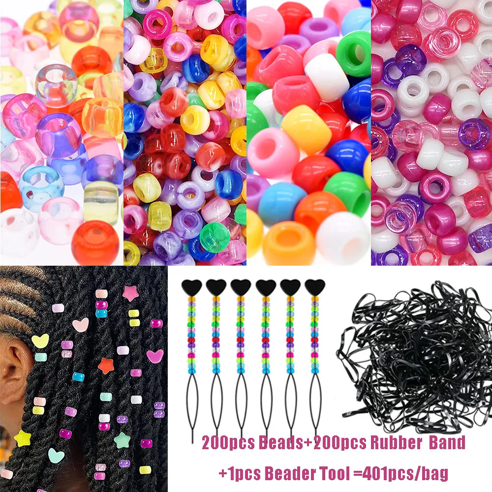 401Pcs/Bag Hair Beads Beading Kits for Kids Hair Acrylic Rainbow Beads Elastic Rubber Bands for Braid for Hair Accessories