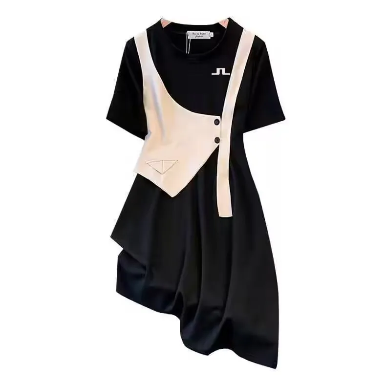 Embroidery Golf Clothes Women's Dress New 2023 Summer Women's Casual Belly Cover Show Thin Chic A-line Fake Two-piece Dress