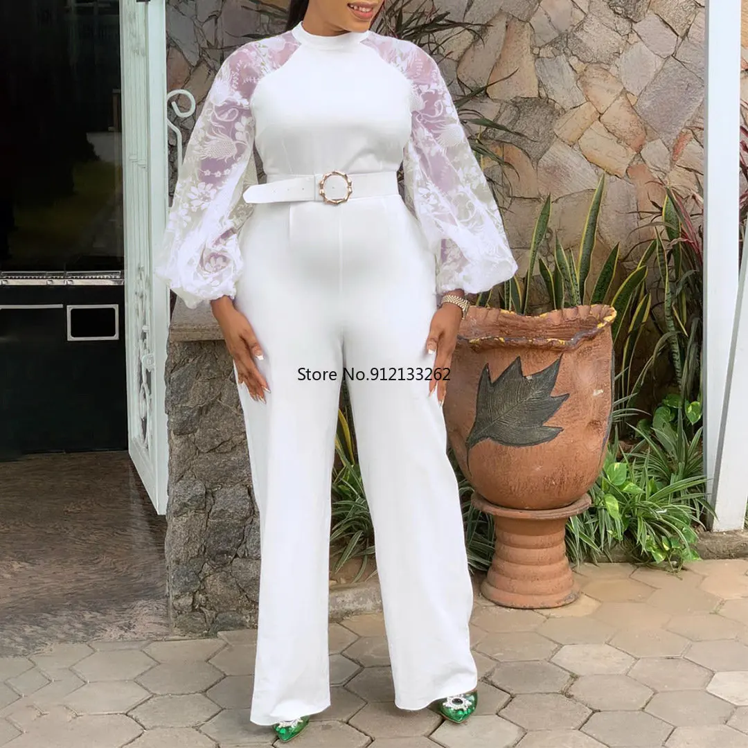 

Dashiki African Jumpsuits For Women Party O-Neck Sequin Lace See Through Long Sleeve Wide Leg Rompers White Outfits With Belt