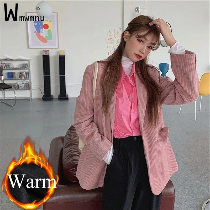 

Add Velvet Thicken Winter Women Blazer Solid Casual Corduroy Full Sleeve Single Button Notched Coats Oversized 70KG Chic Outwear