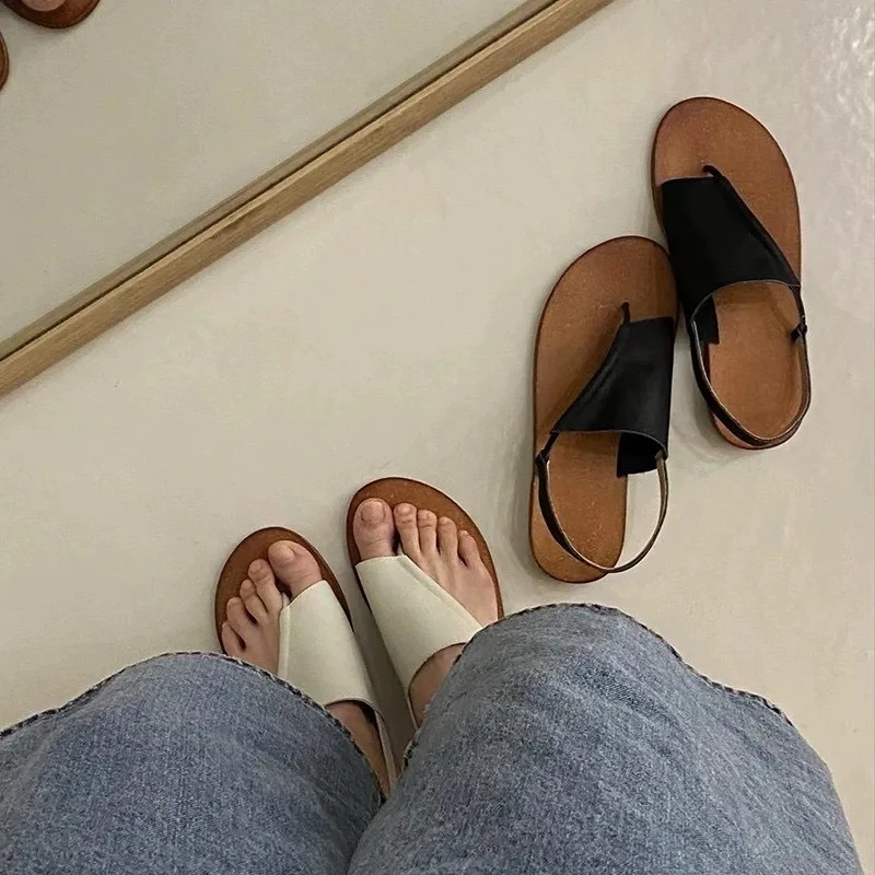 Кожаные сандалии Простые на плоской подошве с открытым носком Повседневная
