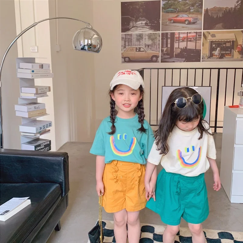 

2022 summer cartoon smile printing cotton T shirts boys and girls loose brief short sleeve Tees
