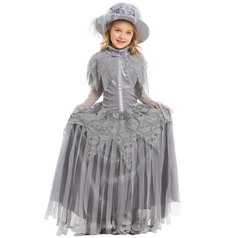 

Children Girls Skull Ghost Bride Zombie Mesh Dress Gown Hat Set Kids Halloween Cosplay Costumes Outfit