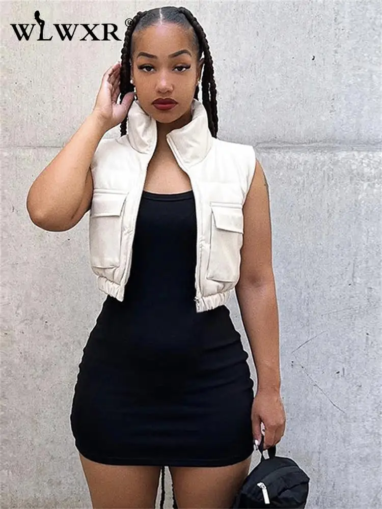 

WLWXR Autumn Fashion Black Jackets For Women 2022 Solid Zipper Crop Top Coats Vest Sleeveless Turtleneck Vests Puffer Jacket