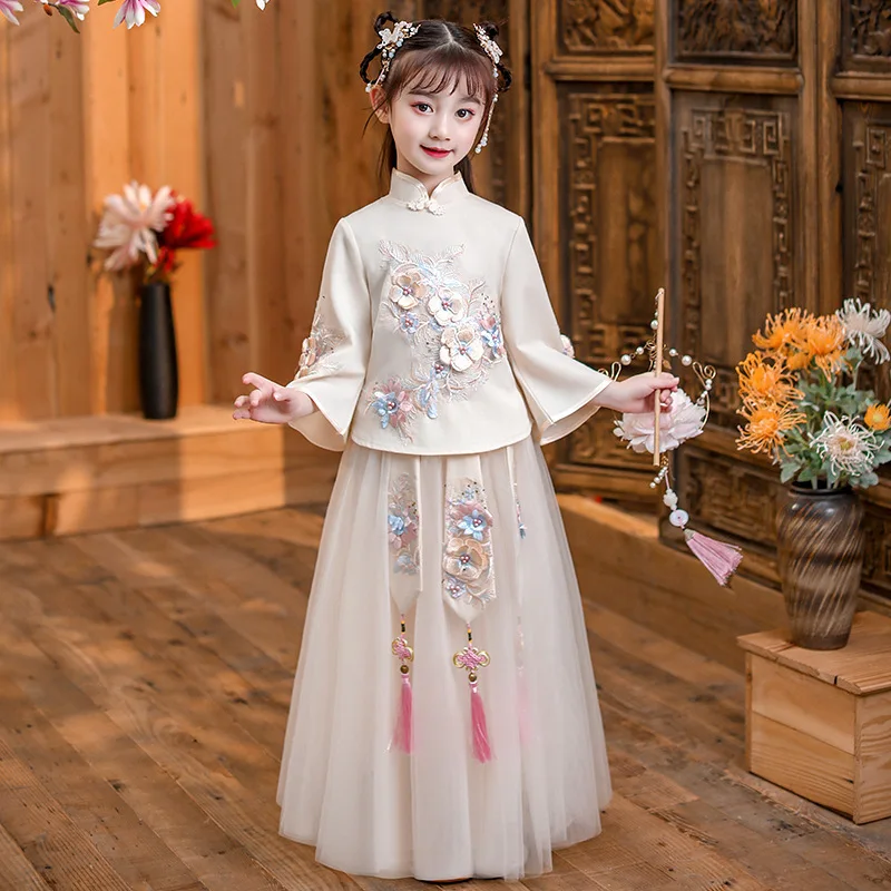 

Girls skirt 2022 new Chinese style embroidered skirt fairy elegant children's two-piece cheongsam dance skirt princess skirt 335