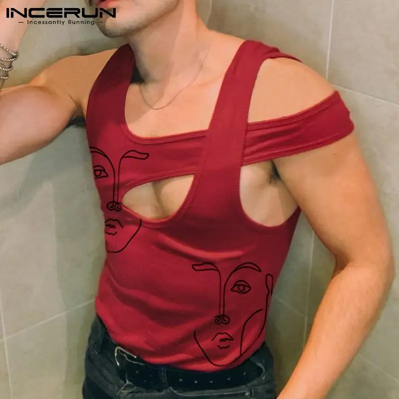 

2022 Fashion Men Tank Tops Printed Sleeveless Hollow Out Sexy Irregular Vests Streetwear Fitness Casual Men Clothing INCERUN 7