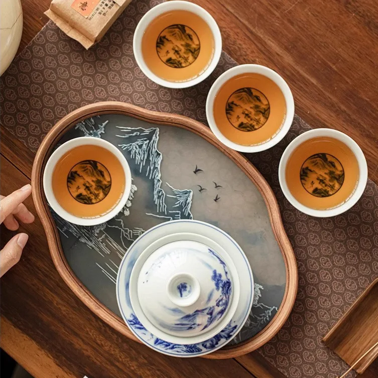 Поддельный антикварный синий и белый пейзаж Sancai Gaiwan поднос для чайной чашки один